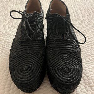 Robert Clergerie Black Woven Raffia Espadrille Brogue Oxford Platform size 38.5